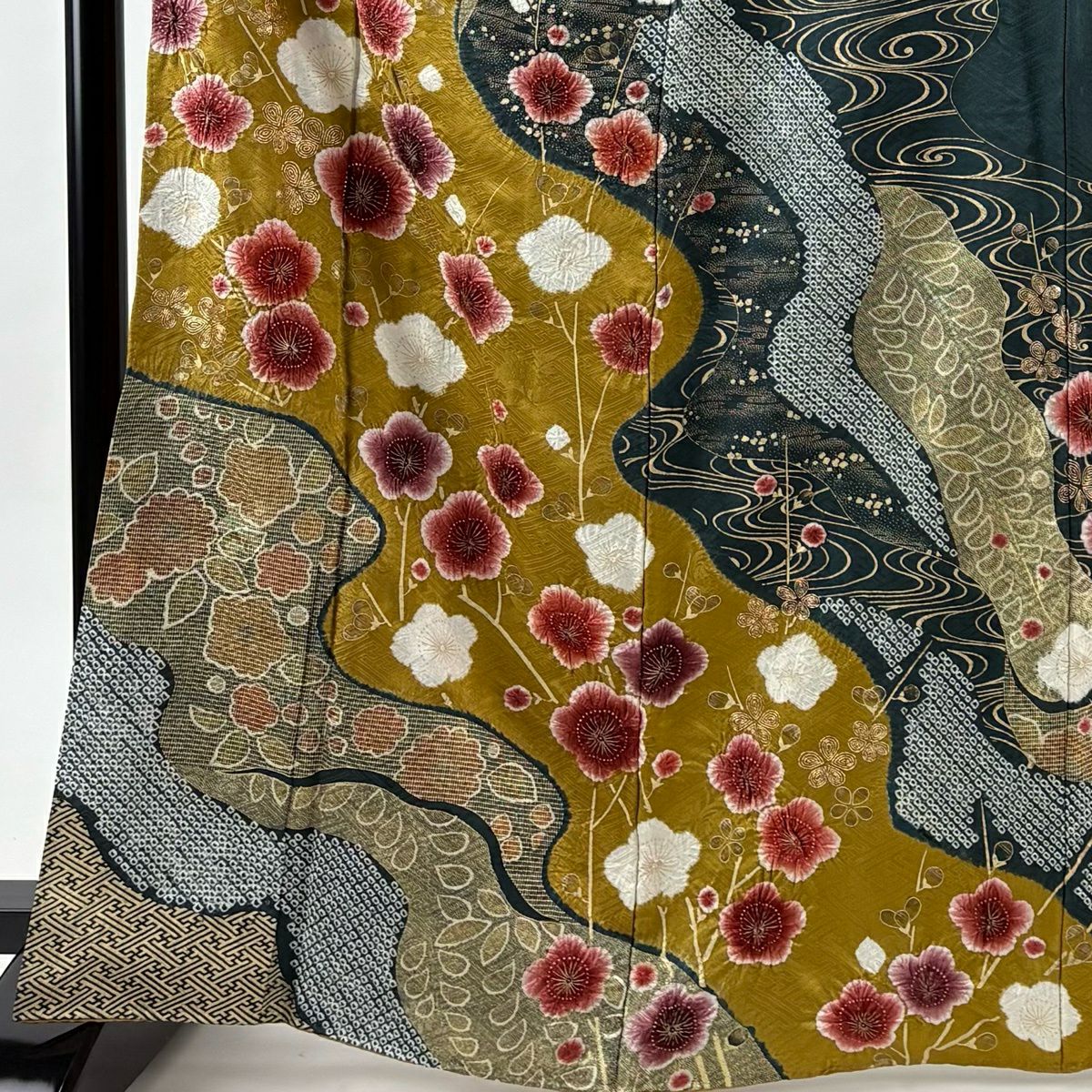 【美品】訪問服 身長167cm 袖長63cm S 雙層 霞 梅花 絞染 金彩裝飾 山吹茶 純蠶絲 名品級