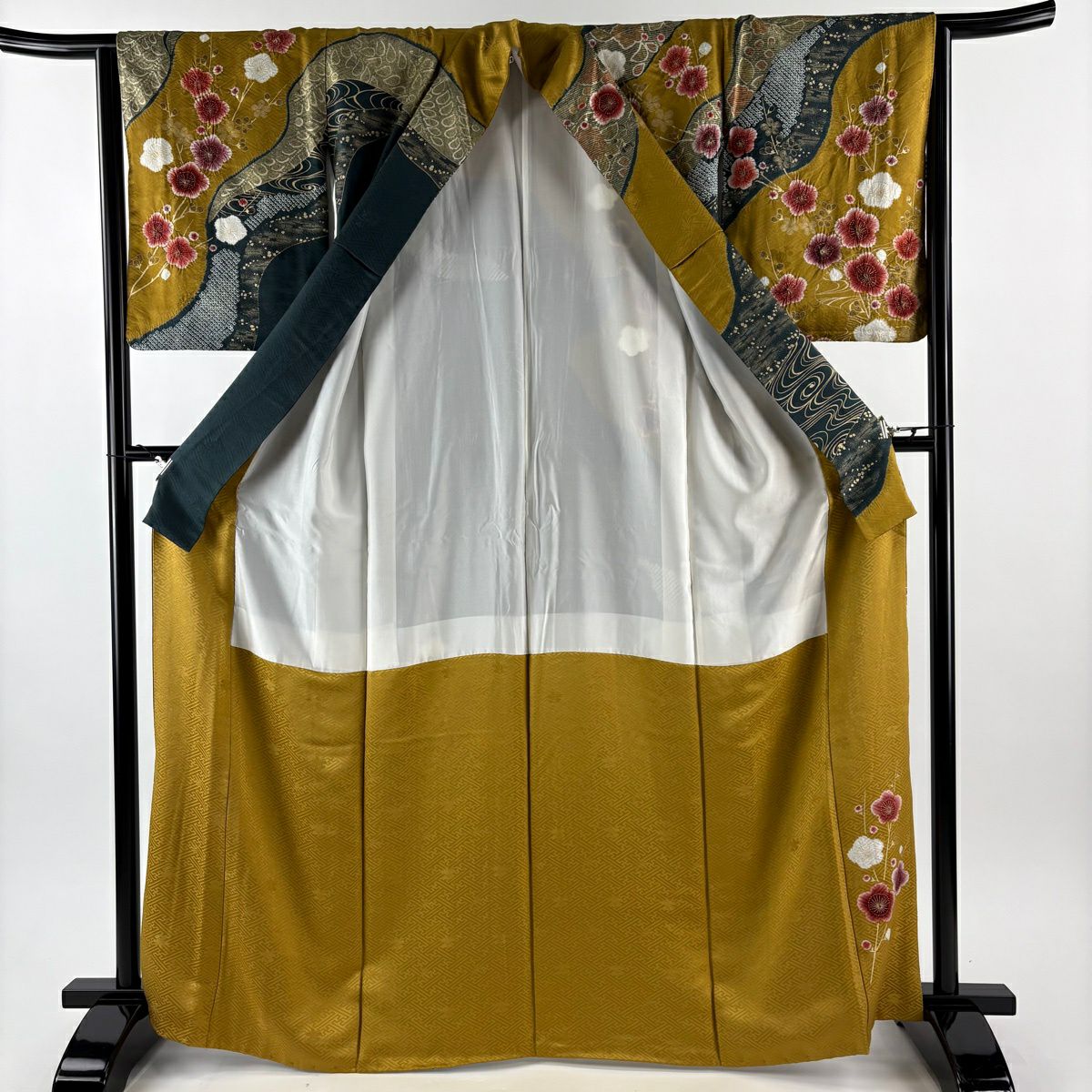 【美品】訪問服 身長167cm 袖長63cm S 雙層 霞 梅花 絞染 金彩裝飾 山吹茶 純蠶絲 名品級
