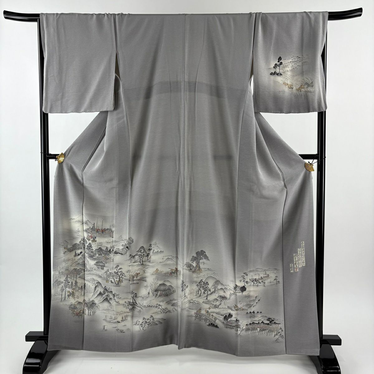 訪問服 身長164cm 袖長68cm L 雙層 樽本伊勢蔵 有落款 風景 金銀彩 漸層 灰色 純蠶絲 名品級