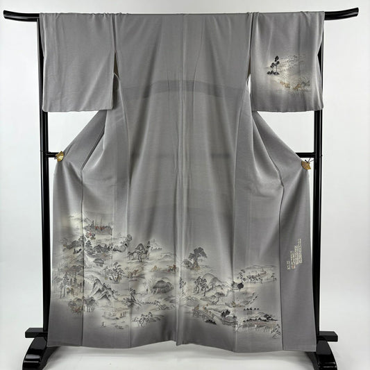 訪問服 身長164cm 袖長68cm L 雙層 樽本伊勢蔵 有落款 風景 金銀彩 漸層 灰色 純蠶絲 名品級