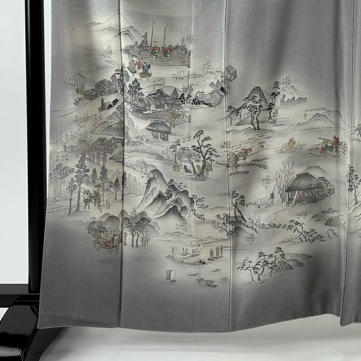 訪問服 身長164cm 袖長68cm L 雙層 樽本伊勢蔵 有落款 風景 金銀彩 漸層 灰色 純蠶絲 名品級