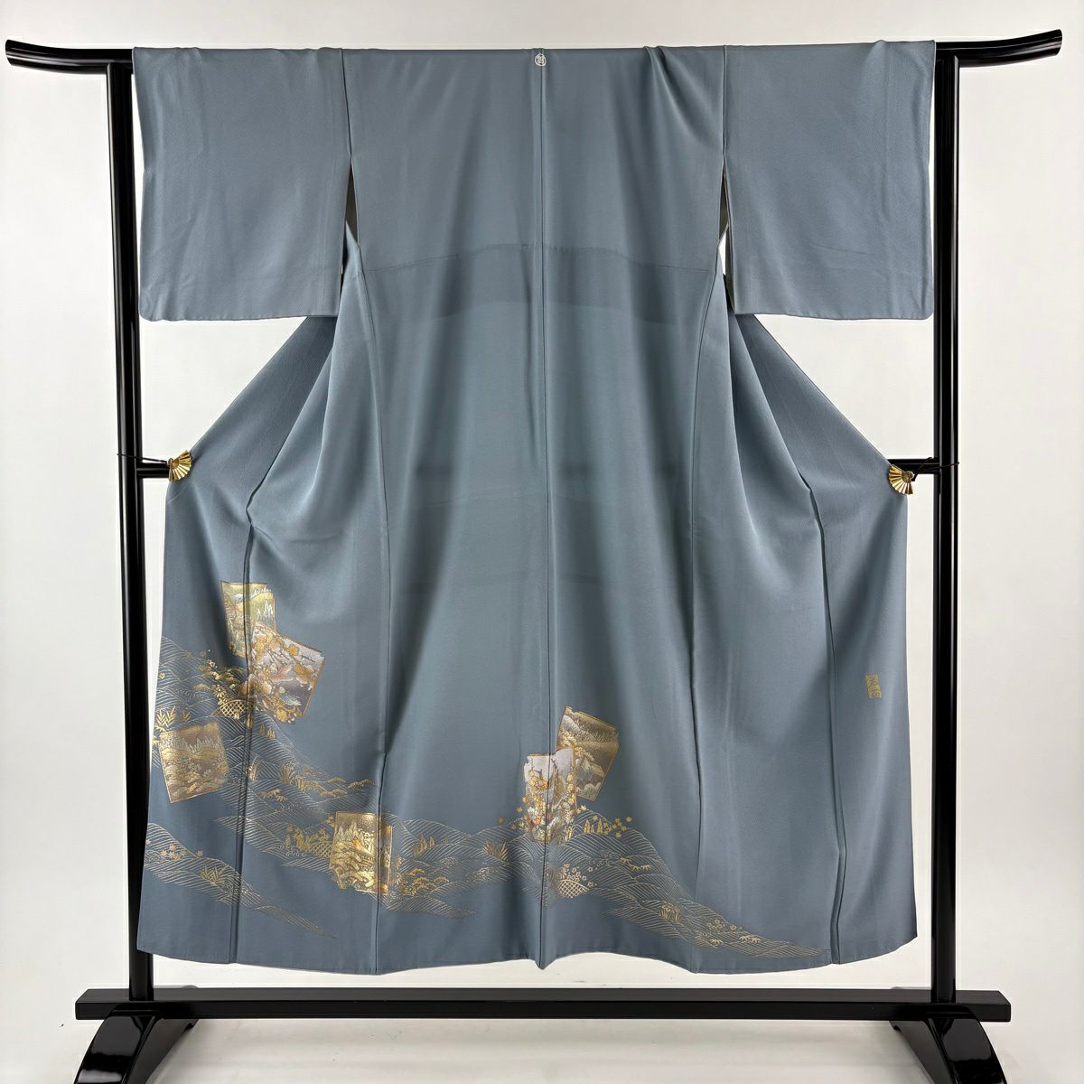 色留袖禮服 身長152cm 袖長65cm M 雙層 和田光正 落款あり 破れ色紙 波 金銀彩 青灰 純蠶絲 名品級 一つ紋