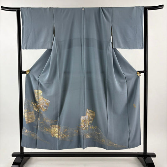 色留袖禮服 身長152cm 袖長65cm M 雙層 和田光正 落款あり 破れ色紙 波 金銀彩 青灰 純蠶絲 名品級 一つ紋