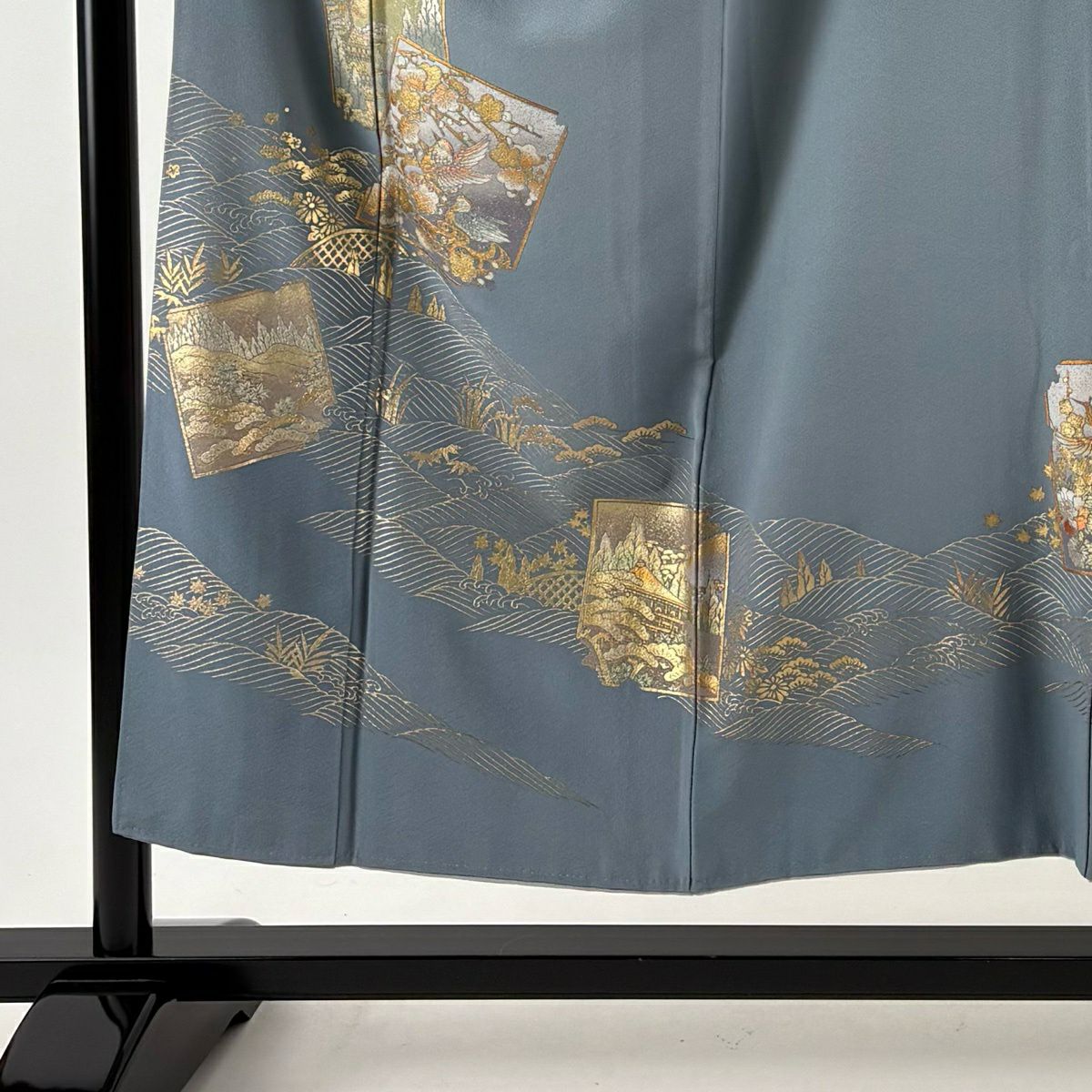 色留袖禮服 身長152cm 袖長65cm M 雙層 和田光正 落款あり 破れ色紙 波 金銀彩 青灰 純蠶絲 名品級 一つ紋