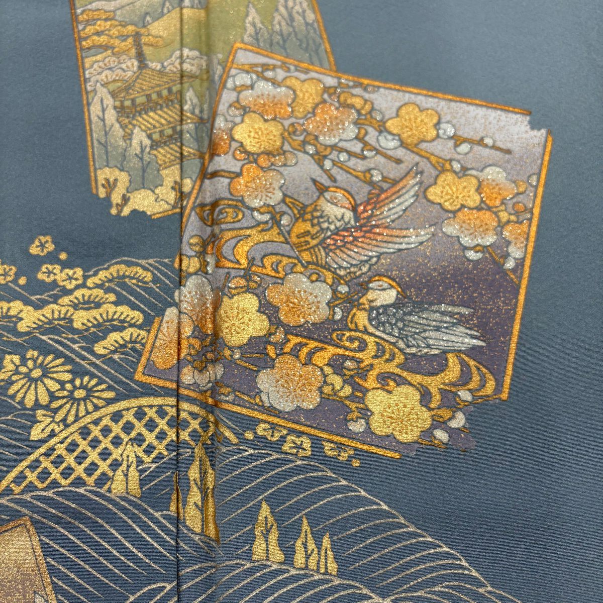 色留袖禮服 身長152cm 袖長65cm M 雙層 和田光正 落款あり 破れ色紙 波 金銀彩 青灰 純蠶絲 名品級 一つ紋