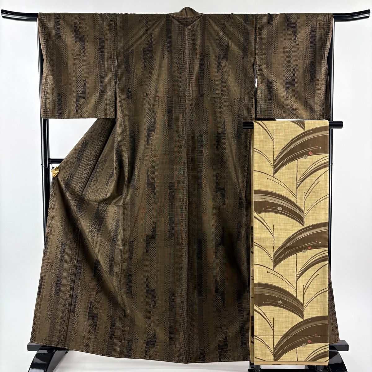 【美品】 紬織 身長164cm 袖長65.5cm M 雙層 袋帶套裝 壺垂菱 茶綠 純蠶絲 優品級
