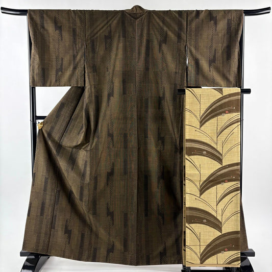 【美品】 紬織 身長164cm 袖長65.5cm M 雙層 袋帶套裝 壺垂菱 茶綠 純蠶絲 優品級