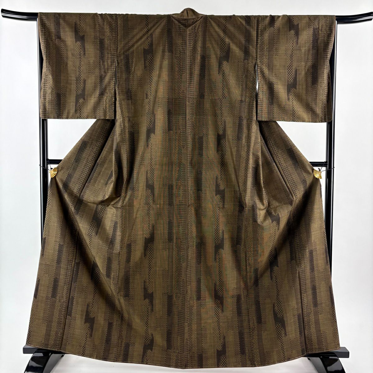 【美品】 紬織 身長164cm 袖長65.5cm M 雙層 袋帶套裝 壺垂菱 茶綠 純蠶絲 優品級