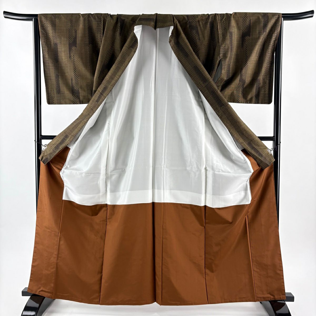 【美品】 紬織 身長164cm 袖長65.5cm M 雙層 袋帶套裝 壺垂菱 茶綠 純蠶絲 優品級