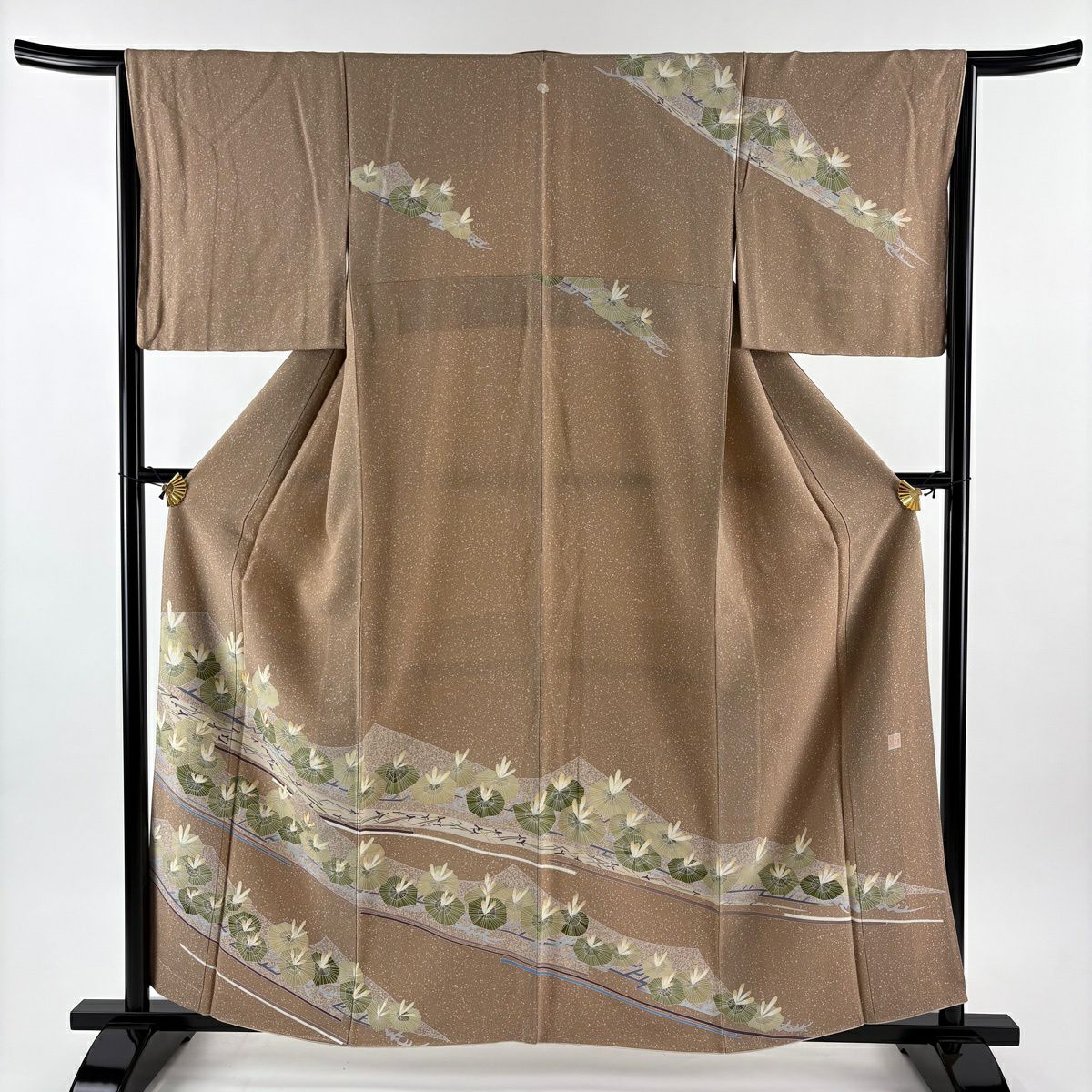 【美品】訪問服 身長158.5cm 袖長65.5cm M 雙層 袋帶套裝 落款あり 若松樹 松樹葉 金糸 淺茶 純蠶絲 秀品級 一つ紋