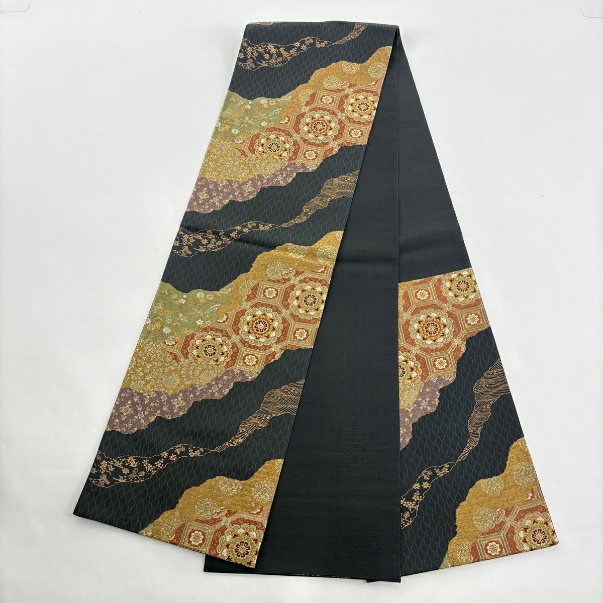 【美品】訪問服 身長158.5cm 袖長65.5cm M 雙層 袋帶套裝 落款あり 若松樹 松樹葉 金糸 淺茶 純蠶絲 秀品級 一つ紋