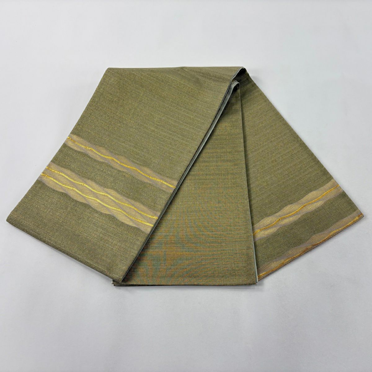 【美品】 袋帶 秀品級 斜條紋 金金箔 金絲 淺綠色 大鼓圖案 純蠶絲