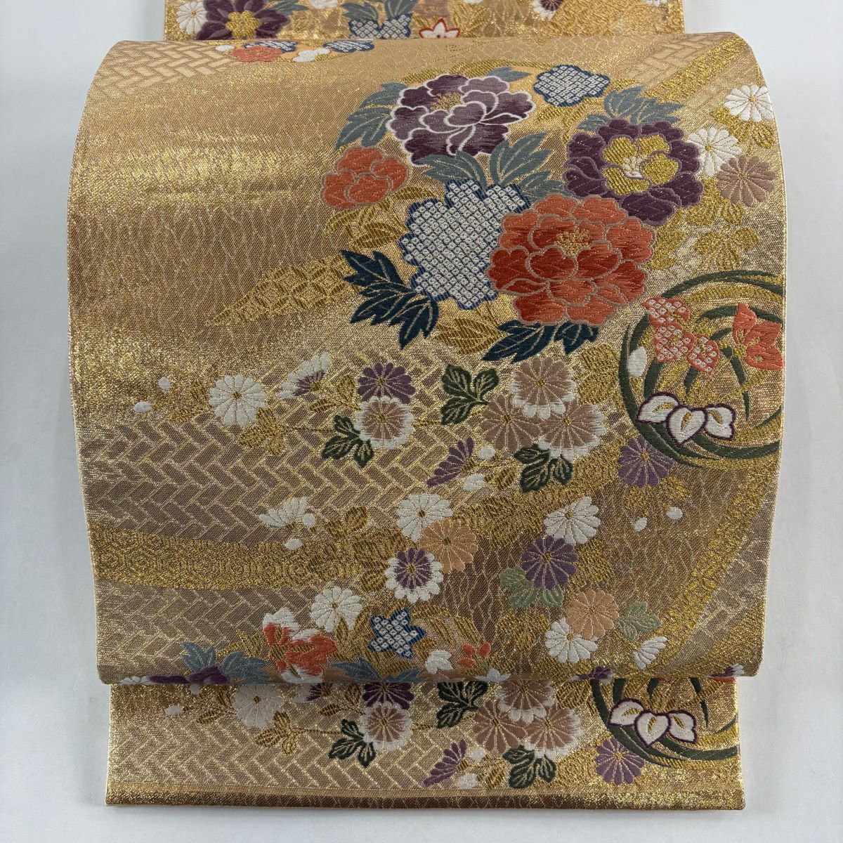 【美品】 袋帶 秀品級 牡丹 花丸紋 金絲 金金箔 金色 六通 純蠶絲