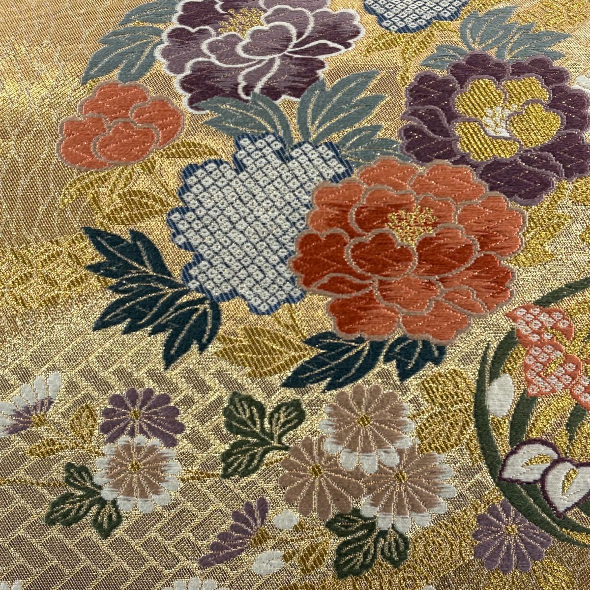 【美品】 袋帶 秀品級 牡丹 花丸紋 金絲 金金箔 金色 六通 純蠶絲