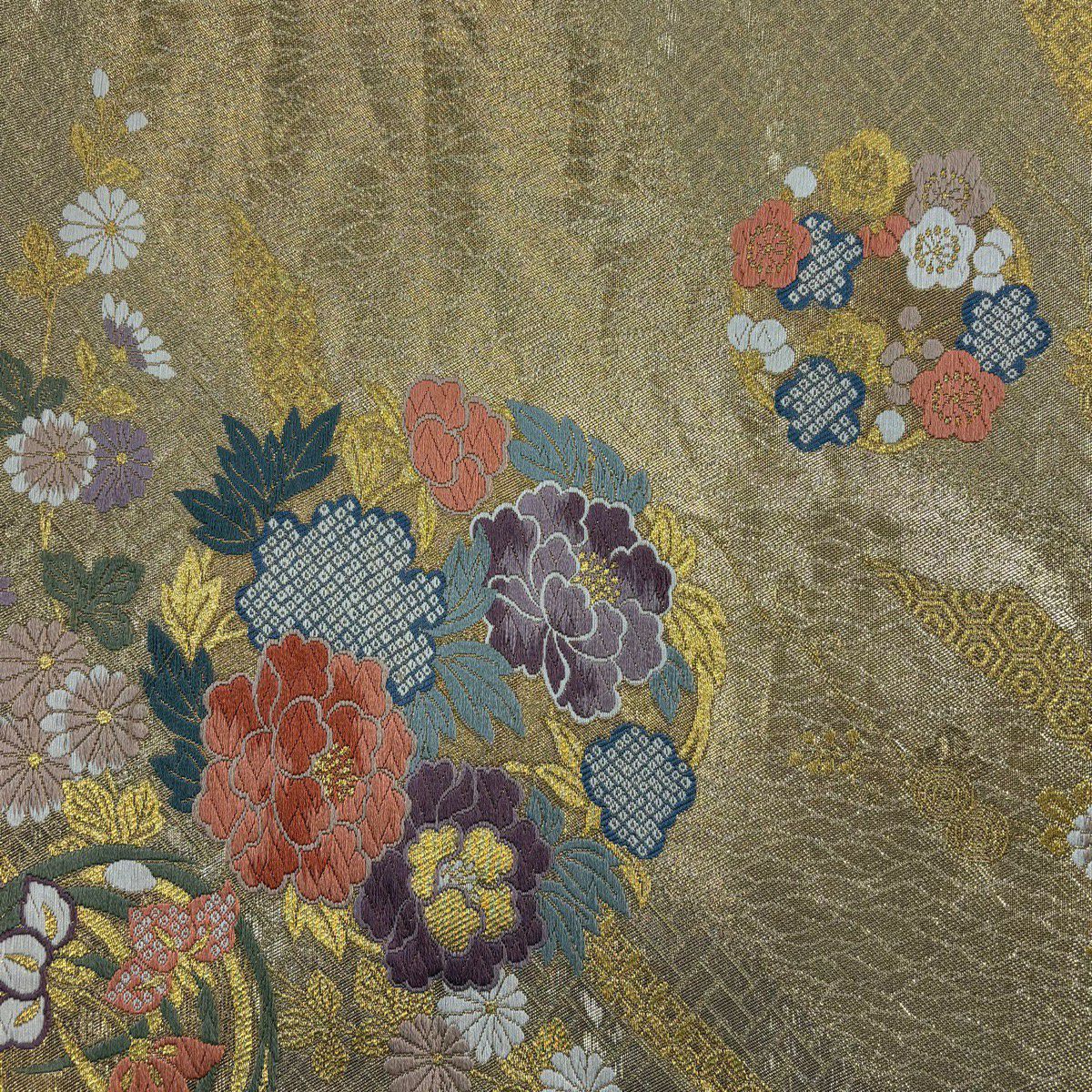 【美品】 袋帶 秀品級 牡丹 花丸紋 金絲 金金箔 金色 六通 純蠶絲