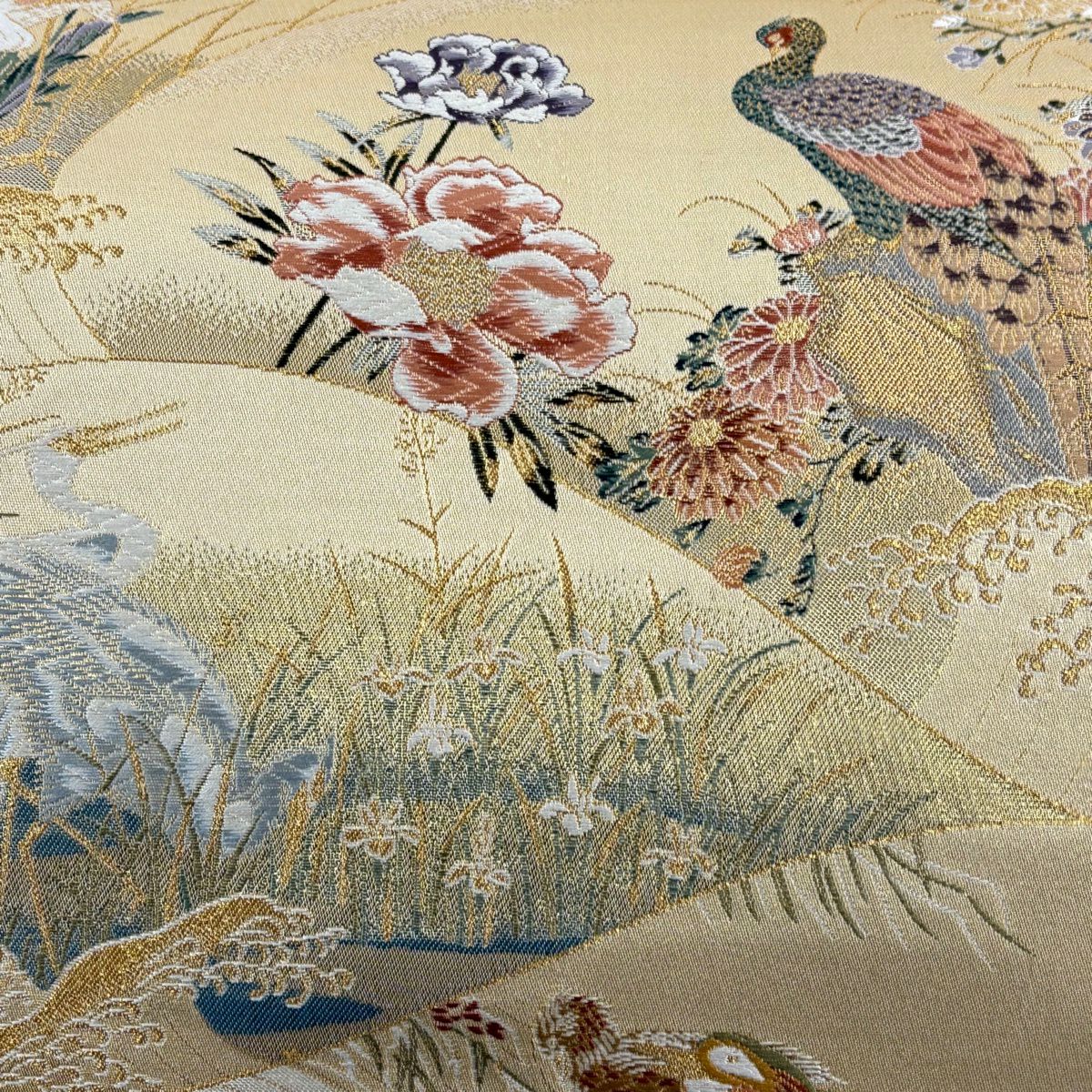 【美品】 袋帶 秀品級 證書齊全 歌川廣重 京都西陣 鳥 草花紋 金絲 金金箔 米色 六通 純蠶絲