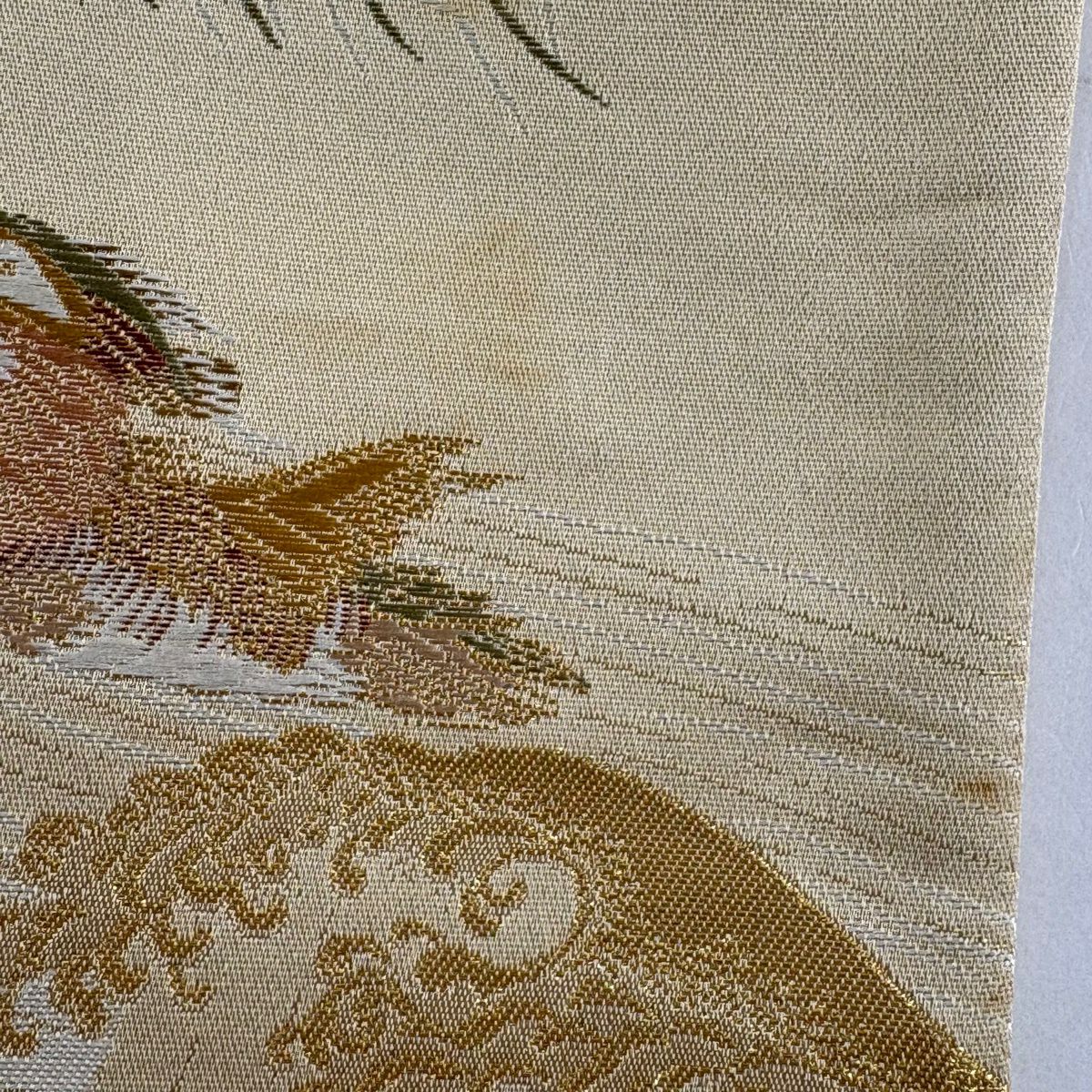 【美品】 袋帶 秀品級 證書齊全 歌川廣重 京都西陣 鳥 草花紋 金絲 金金箔 米色 六通 純蠶絲