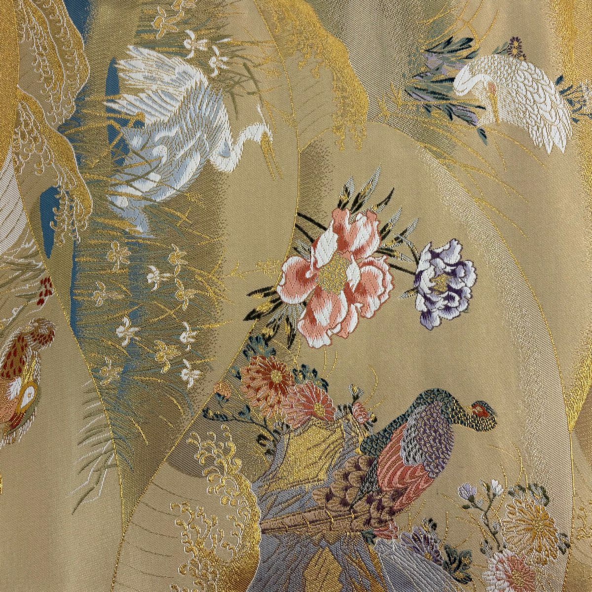 【美品】 袋帶 秀品級 證書齊全 歌川廣重 京都西陣 鳥 草花紋 金絲 金金箔 米色 六通 純蠶絲