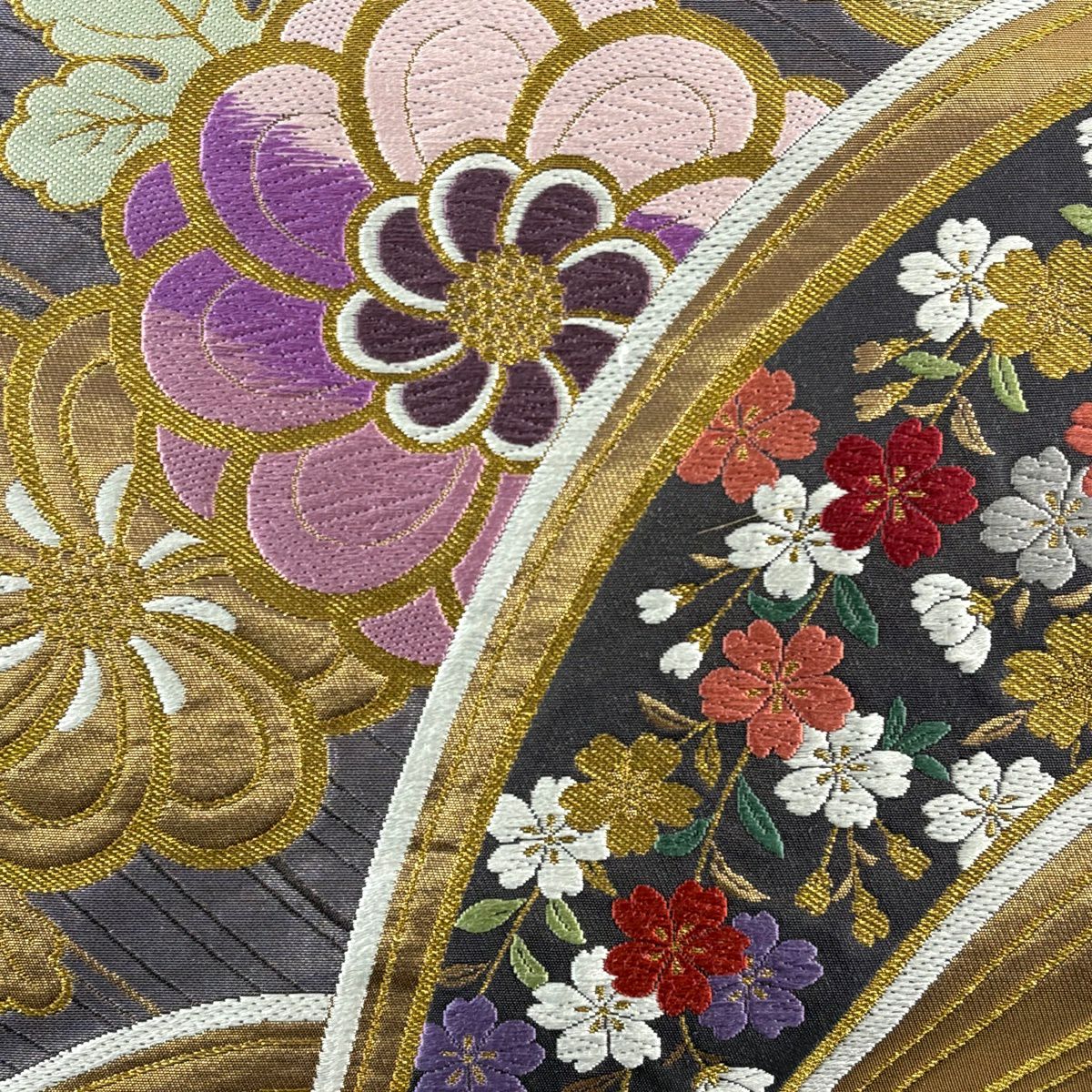 袋帶 秀品級 菊花 枝垂櫻 唐織 金金箔 灰色 全通 純蠶絲
