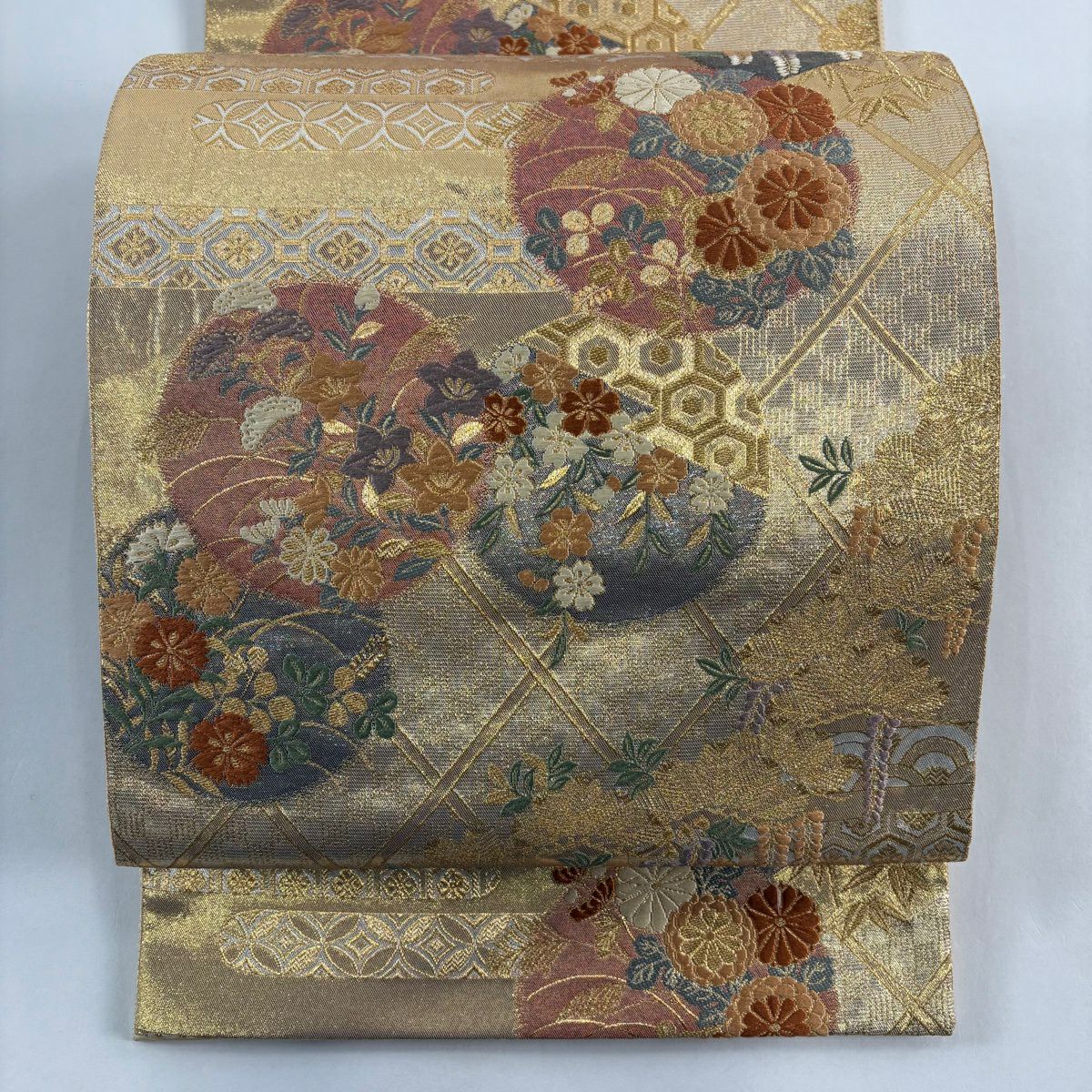 【美品】 袋帶 秀品級 蒔絵圓紋 笠松樹 金絲 金金箔 金 六通 純蠶絲