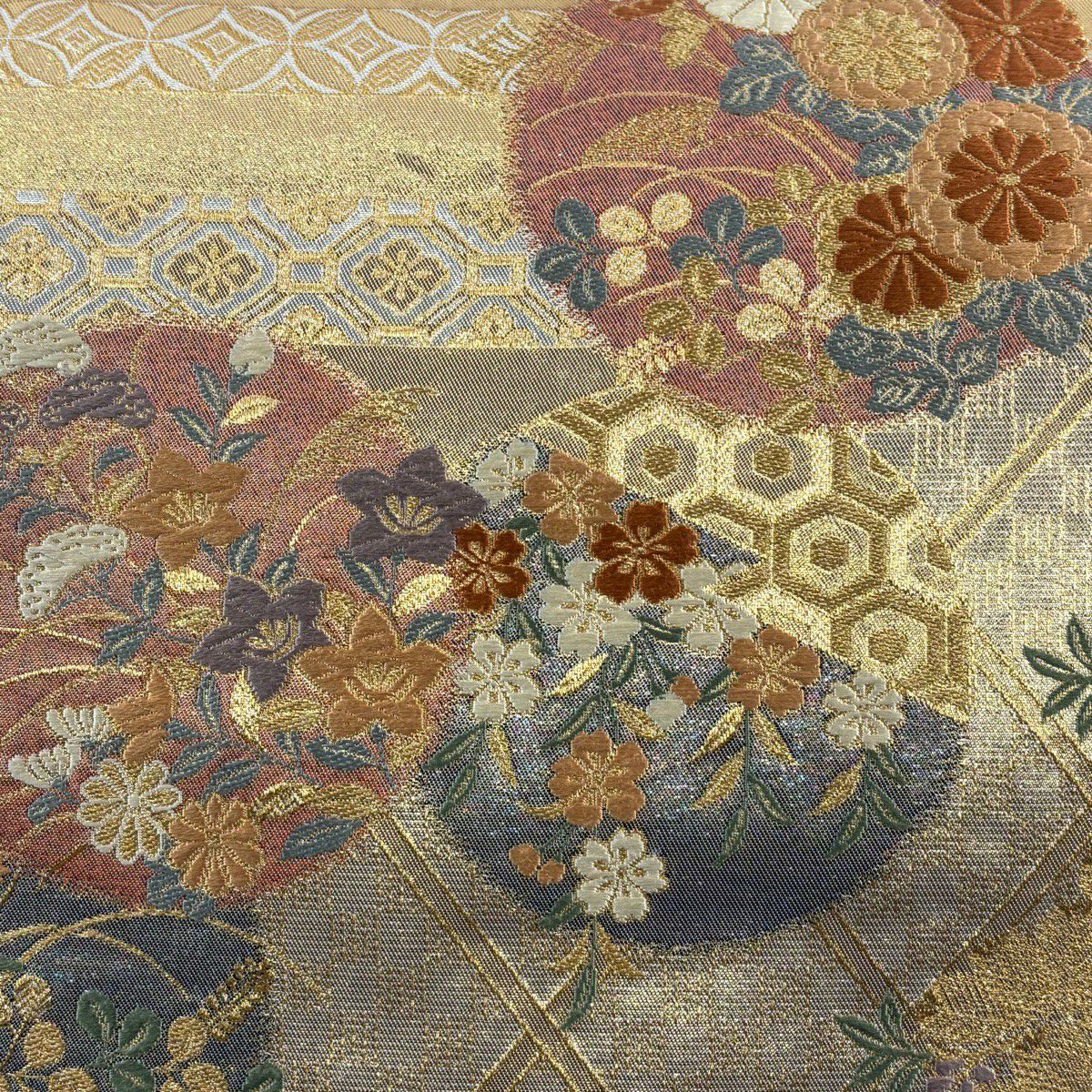 【美品】 袋帶 秀品級 蒔絵圓紋 笠松樹 金絲 金金箔 金 六通 純蠶絲