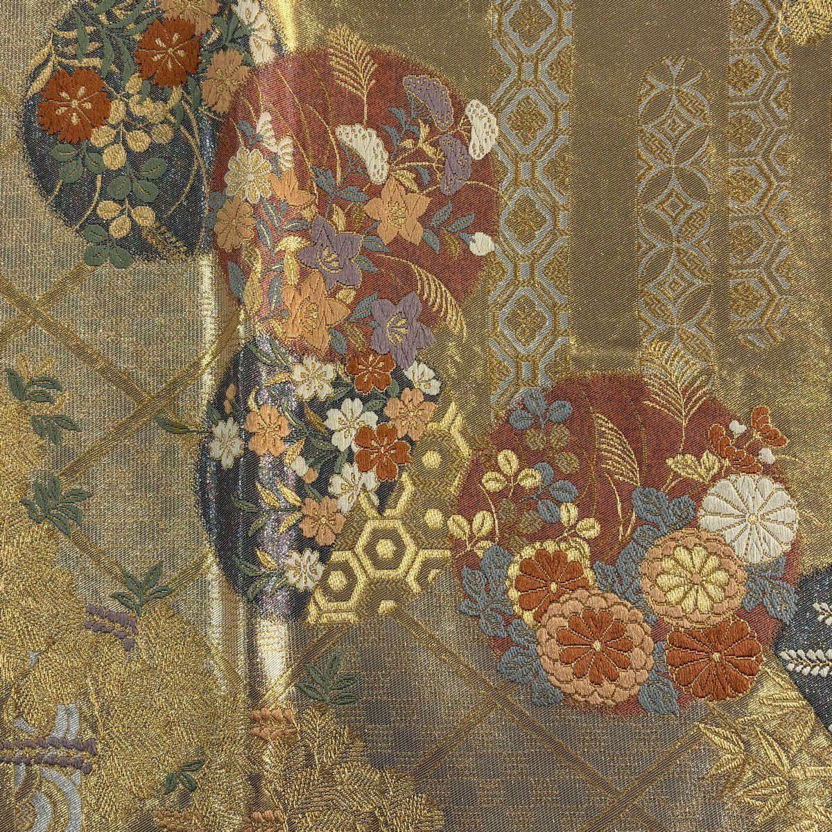 【美品】 袋帶 秀品級 蒔絵圓紋 笠松樹 金絲 金金箔 金 六通 純蠶絲