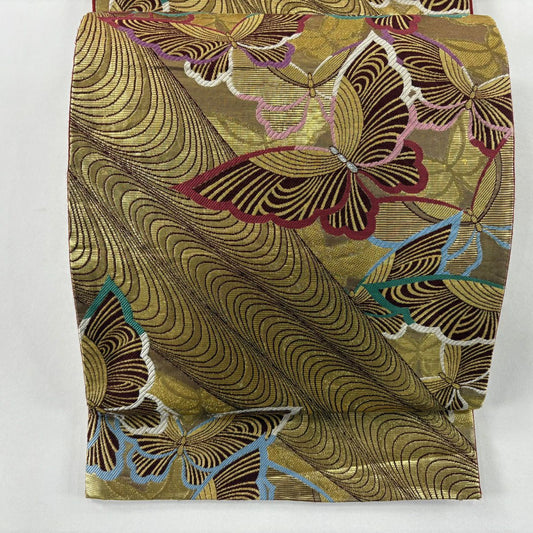 袋帶 秀品級 振袖禮服禮服用 蝶 幾何圖案 金絲 金金箔 金色 六通 純蠶絲