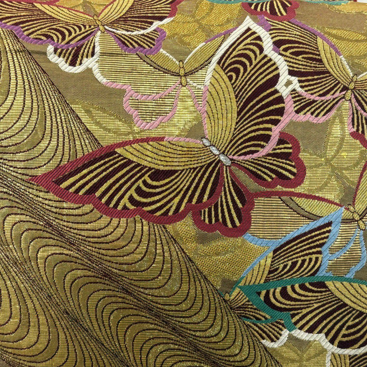 袋帶 秀品級 振袖禮服禮服用 蝶 幾何圖案 金絲 金金箔 金色 六通 純蠶絲