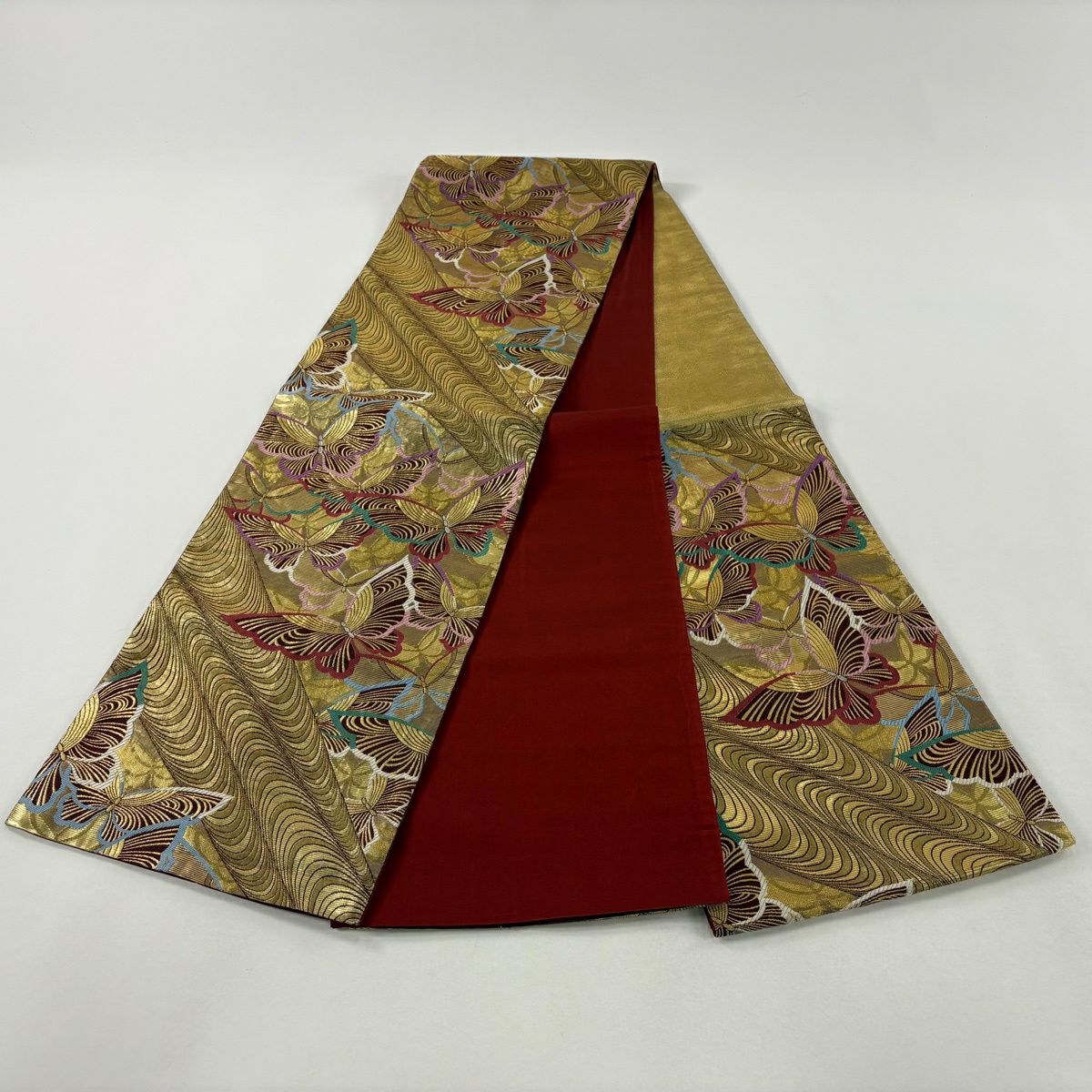 袋帶 秀品級 振袖禮服禮服用 蝶 幾何圖案 金絲 金金箔 金色 六通 純蠶絲