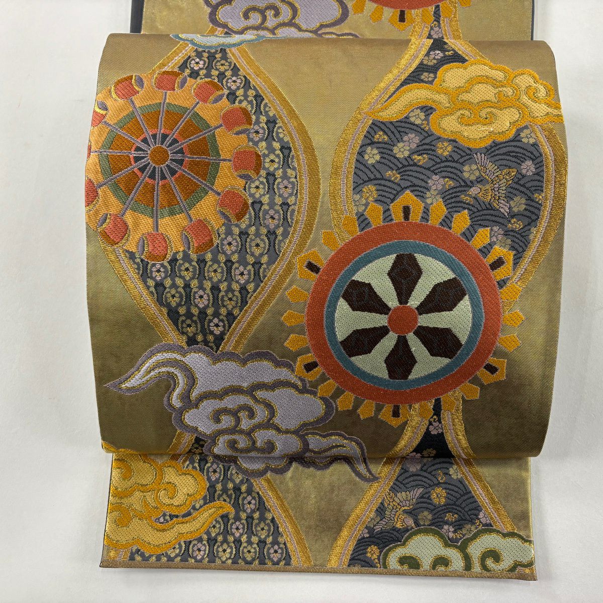 【美品】 袋帶 秀品級 立涌 源氏車 金絲 金金箔 金色 六通 純蠶絲