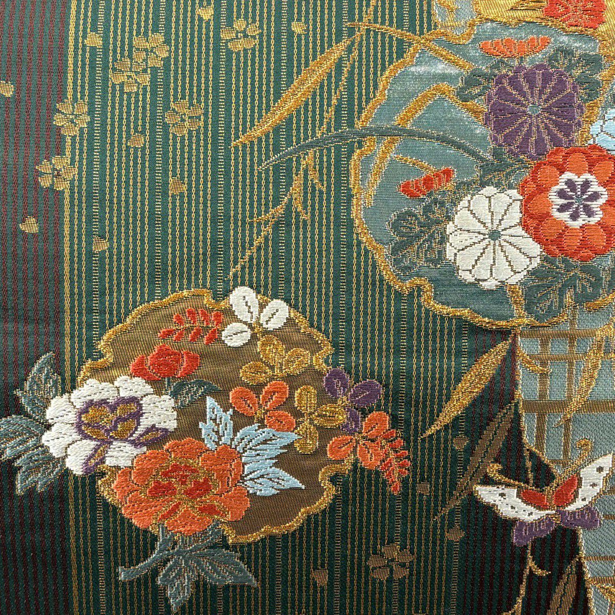 袋帶 秀品級 雪輪 草花紋 金糸 金金箔 深綠 六通 純蠶絲