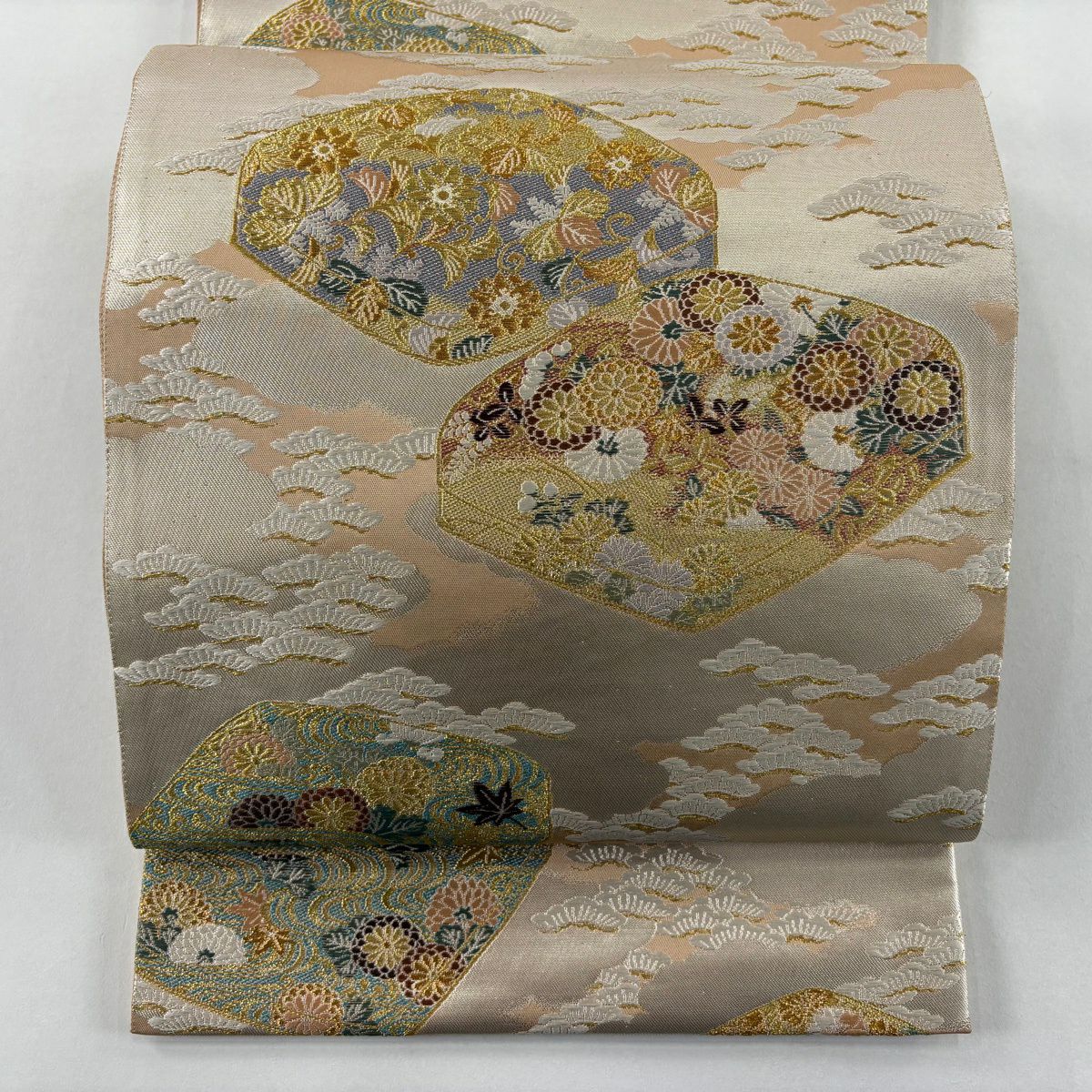 袋帶 秀品級 雲取文箱文 草花紋 金銀彩 金金箔 粉米色 六通 純蠶絲