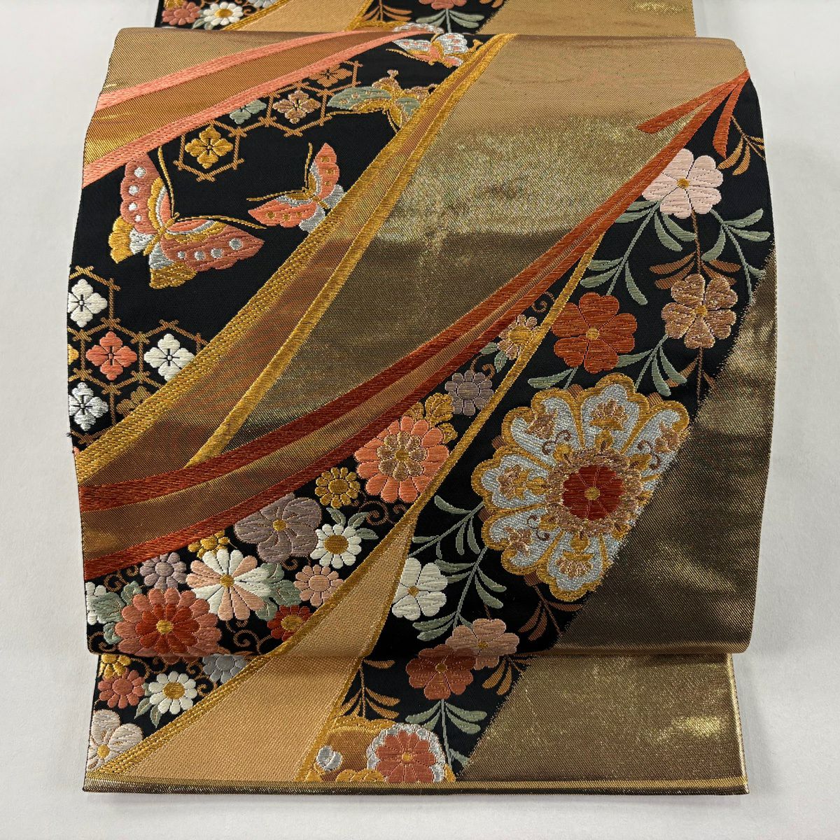 袋帶 秀品級 草花紋紋 蝶 金絲 金金箔 金色 全通 純蠶絲