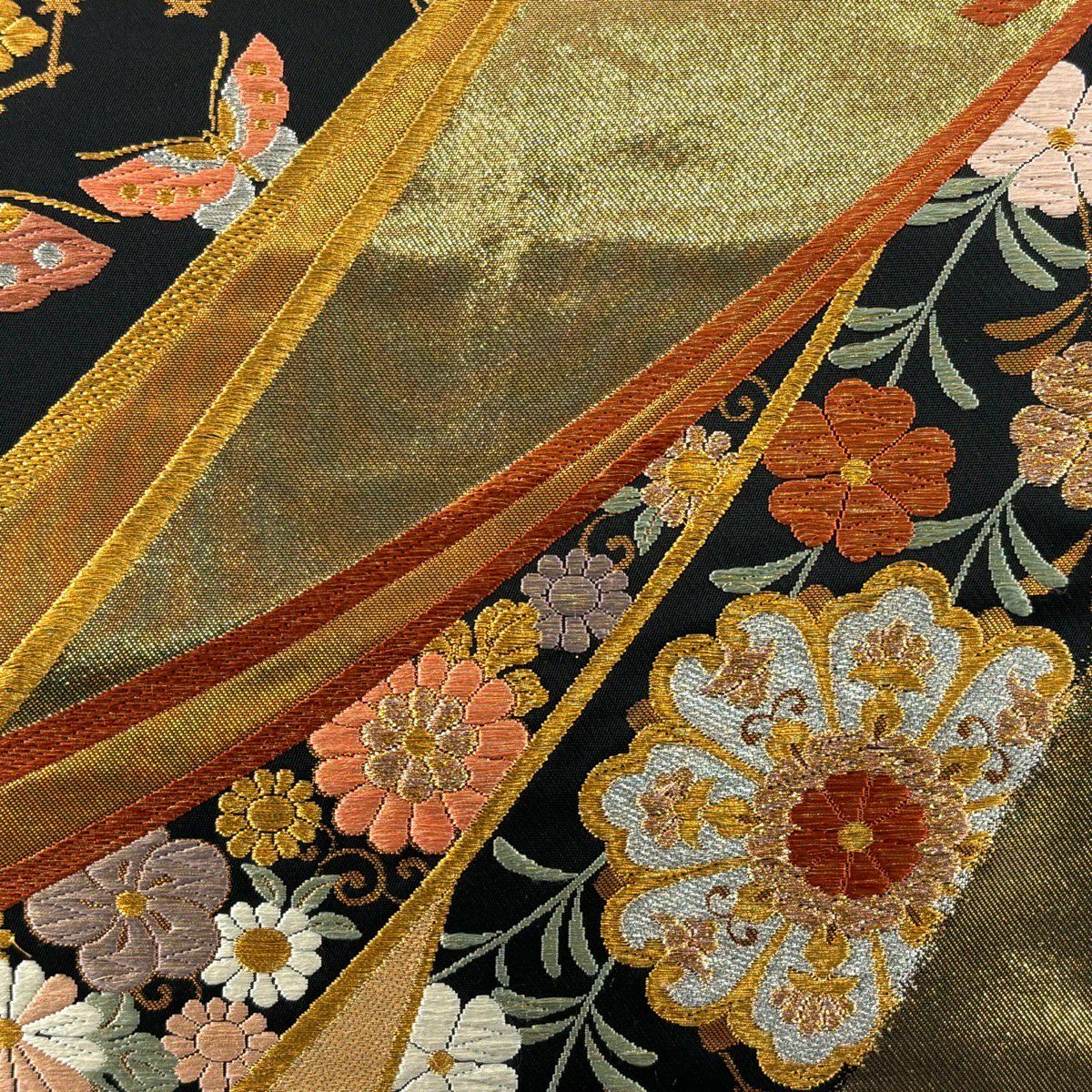 袋帶 秀品級 草花紋紋 蝶 金絲 金金箔 金色 全通 純蠶絲