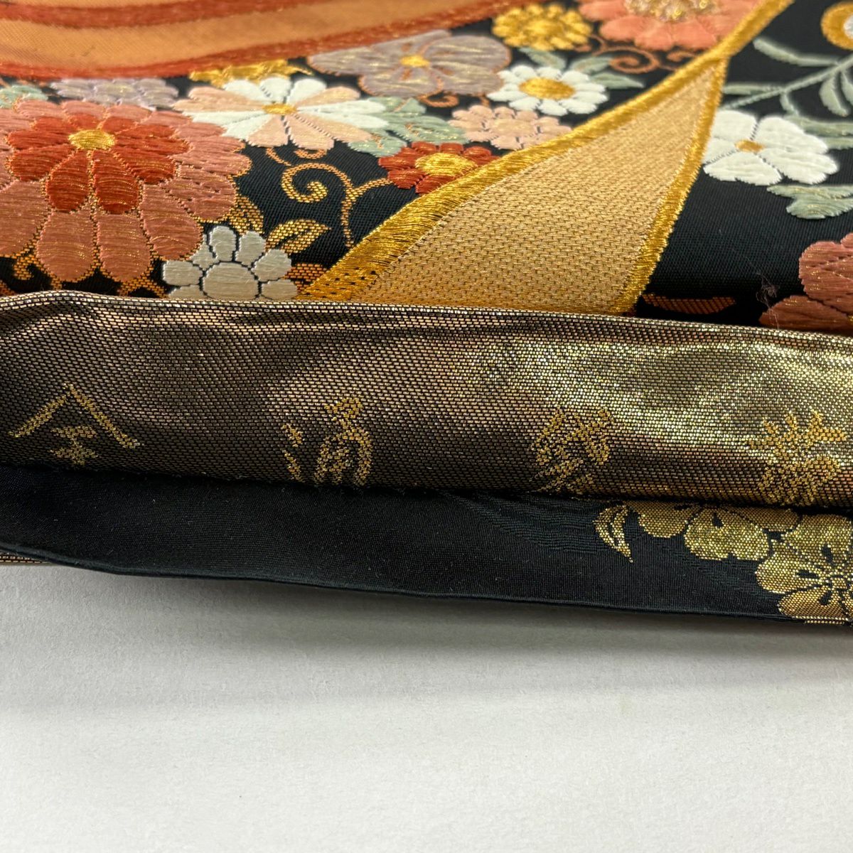 袋帶 秀品級 草花紋紋 蝶 金絲 金金箔 金色 全通 純蠶絲