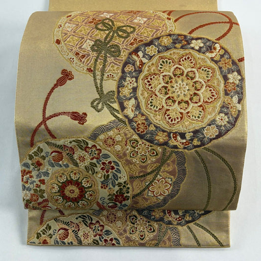 袋帶 秀品級 寿寶鏡裏文 鏡裏文 花鳥 金絲 金色 大鼓圖案 純蠶絲