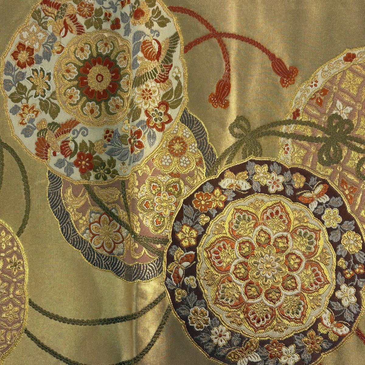 袋帶 秀品級 寿寶鏡裏文 鏡裏文 花鳥 金絲 金色 大鼓圖案 純蠶絲