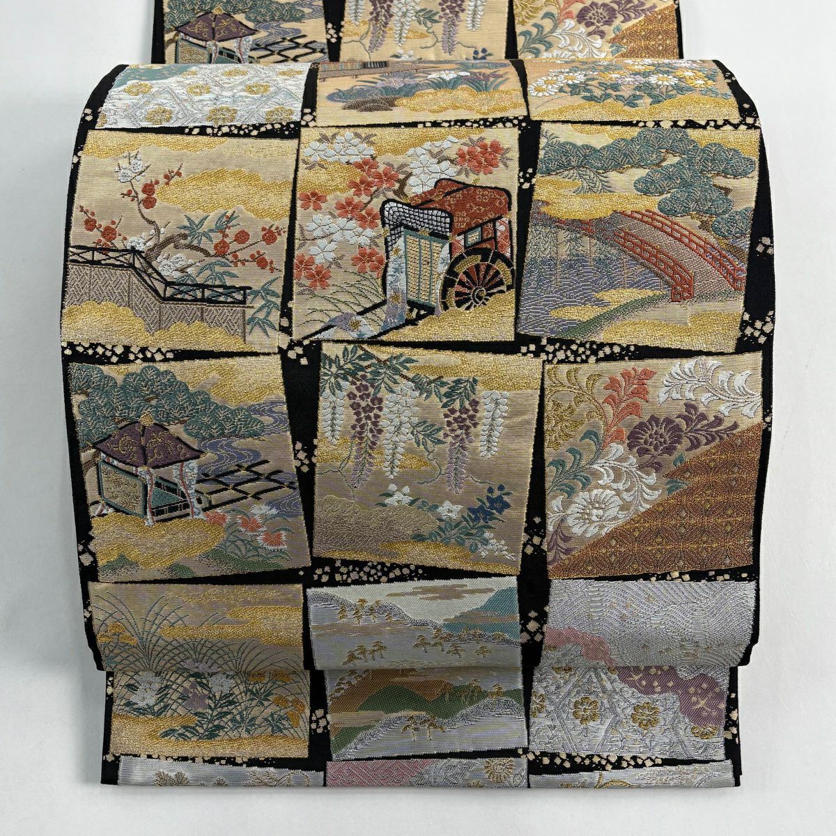 【美品】 袋帶 秀品級 色紙 草花紋 金銀彩 金金箔 黑 六通 純蠶絲