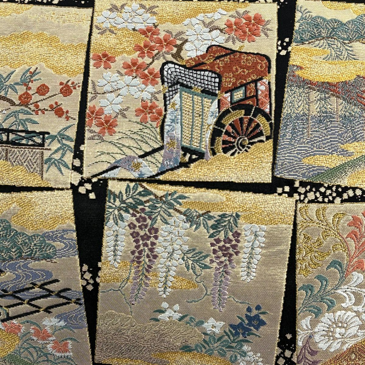 【美品】 袋帶 秀品級 色紙 草花紋 金銀彩 金金箔 黑 六通 純蠶絲