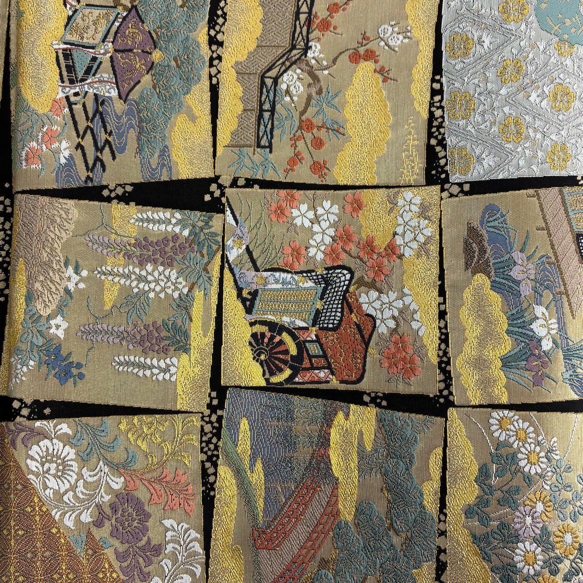 【美品】 袋帶 秀品級 色紙 草花紋 金銀彩 金金箔 黑 六通 純蠶絲