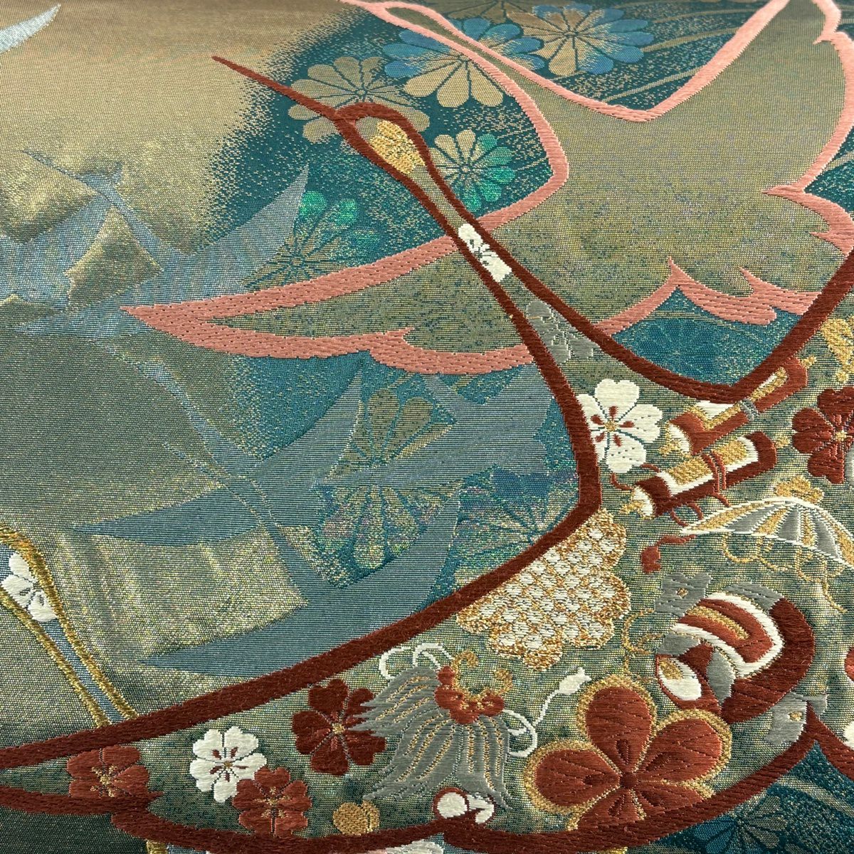 袋帶 秀品級 仙鶴 草花紋 唐織 金絲 金色 全通 純蠶絲