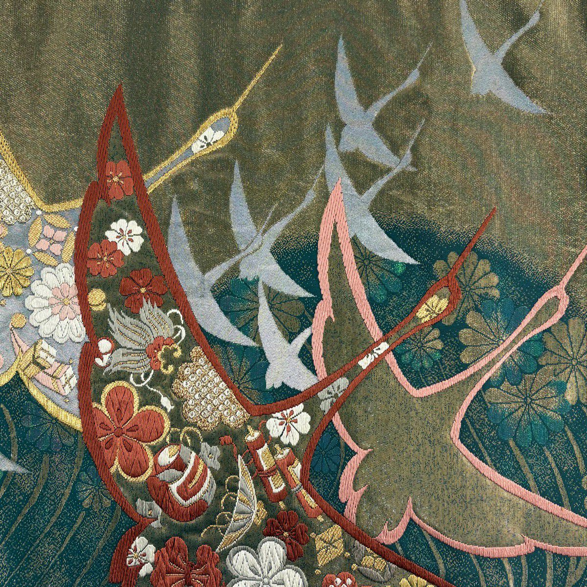 袋帶 秀品級 仙鶴 草花紋 唐織 金絲 金色 全通 純蠶絲