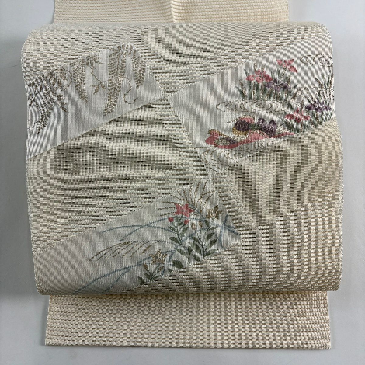名古屋帶 秀品級 夏帶 絽 八寸名古屋帶 松樹葉仕立 紅鴛鴦 草花紋紋 金絲 奶油色 純蠶絲
