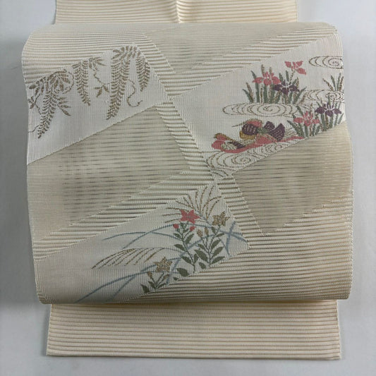 名古屋帶 秀品級 夏帶 絽 八寸名古屋帶 松樹葉仕立 紅鴛鴦 草花紋紋 金絲 奶油色 純蠶絲