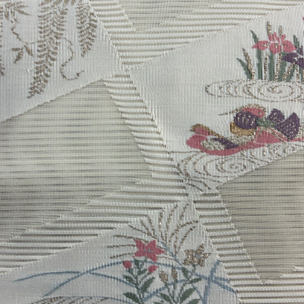 名古屋帶 秀品級 夏帶 絽 八寸名古屋帶 松樹葉仕立 紅鴛鴦 草花紋紋 金絲 奶油色 純蠶絲
