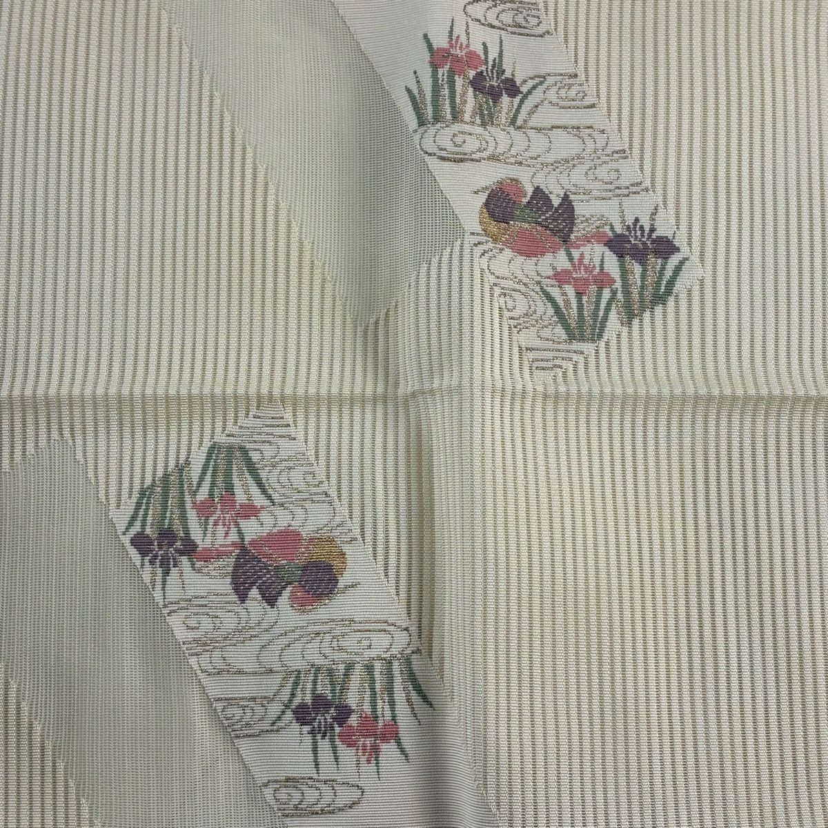 名古屋帶 秀品級 夏帶 絽 八寸名古屋帶 松樹葉仕立 紅鴛鴦 草花紋紋 金絲 奶油色 純蠶絲