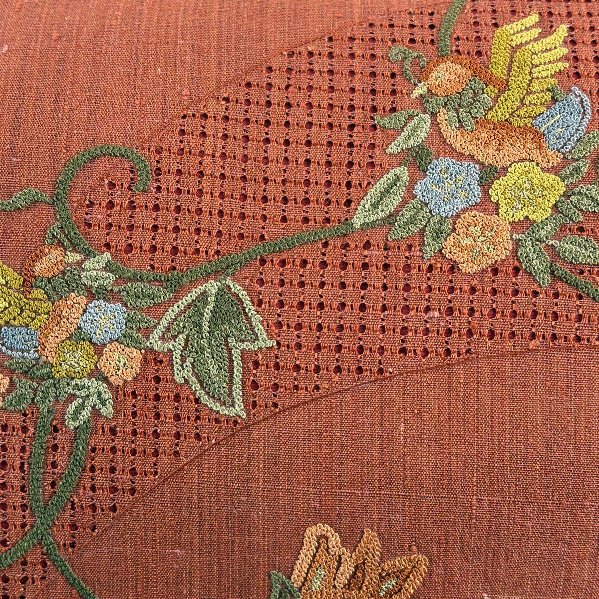 【美品】 名古屋帶 優品級 紬織織 花唐草紋 鳥 相良刺繡 汕頭刺繡 紅茶 純蠶絲