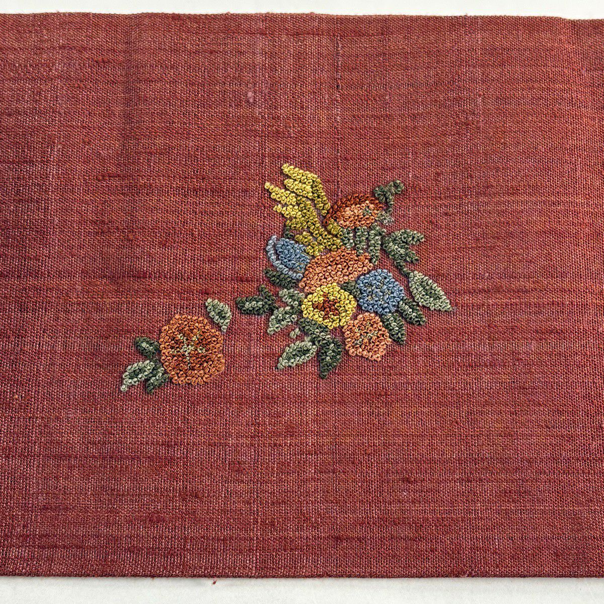 【美品】 名古屋帶 優品級 紬織織 花唐草紋 鳥 相良刺繡 汕頭刺繡 紅茶 純蠶絲