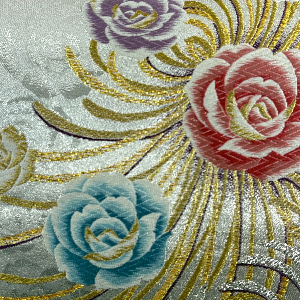 【美品】 袋帶 秀品級 薔薇 唐織 金銀糸 銀色 六通 純蠶絲