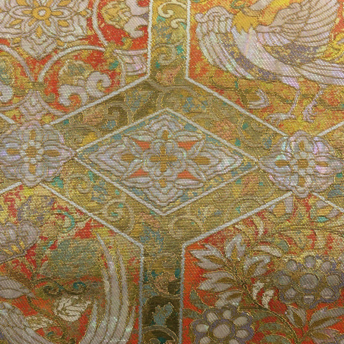 袋帶 秀品級 螺鈿本袋 龜甲 花鳥 螺鈿 金銀彩 焦茶 純蠶絲